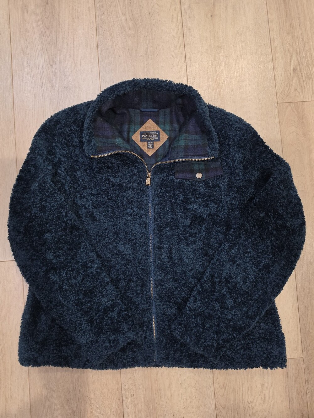 Pendleton Sherpa Fleece Jacket XL Blue Blackwatch Plaid Quarter Zip Cozy - Picture 1 of 3